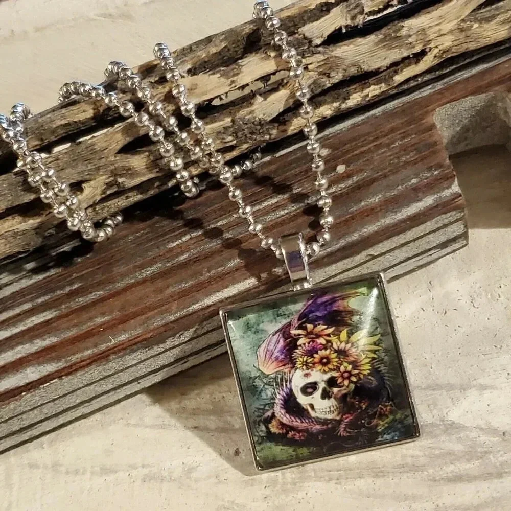 Handcrafted Sugar Skull Square Glass Cabochon Pendant  Necklace